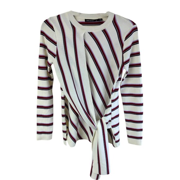 Karen Millen Cream Multi Stripe Crewneck Tie Front Stretch Top - Picture 7 of 7